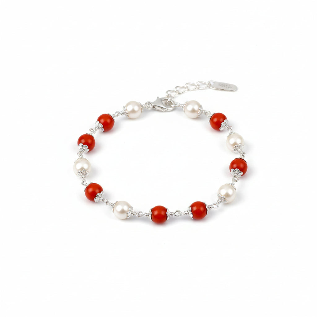 Trendy Pearl & Coral 925 Silver Bracelet