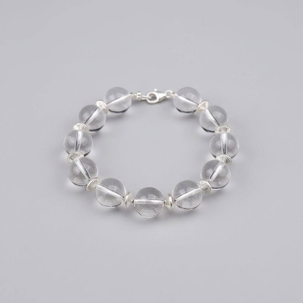Round Sphatik Bracelet with Silver Balls & Hook-14 mm