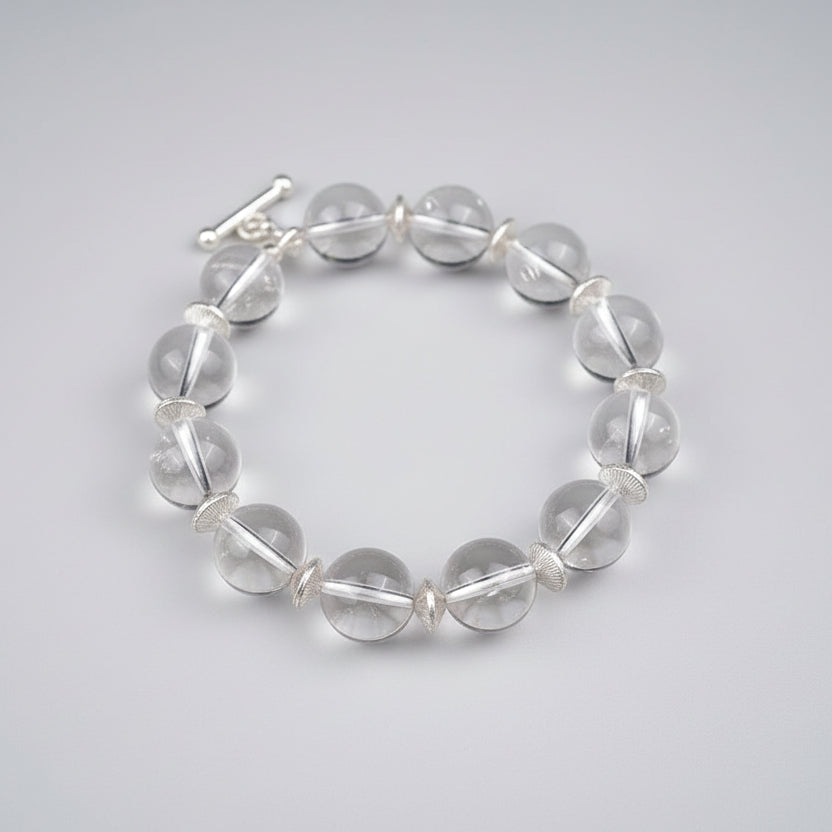 Round Sphatik Bracelet with Silver Balls & Hook-12 mm