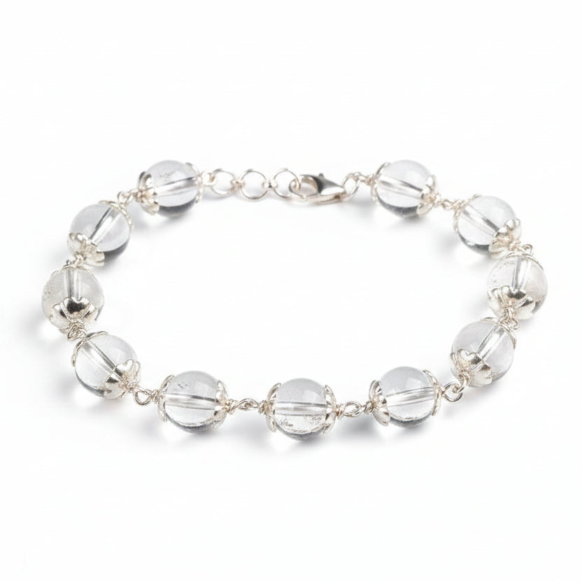 Round Sphatik Bracelet with Silver Caps & Hook-14 mm
