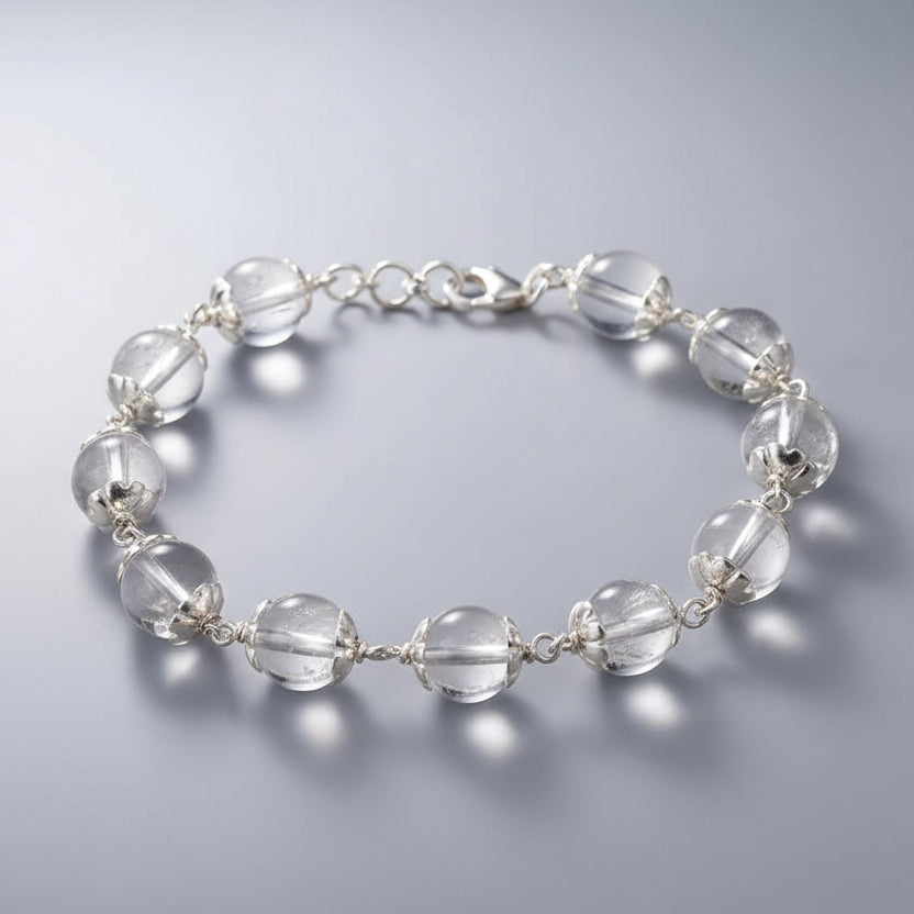 Round Sphatik Bracelet with Silver Caps & Hook-12 mm