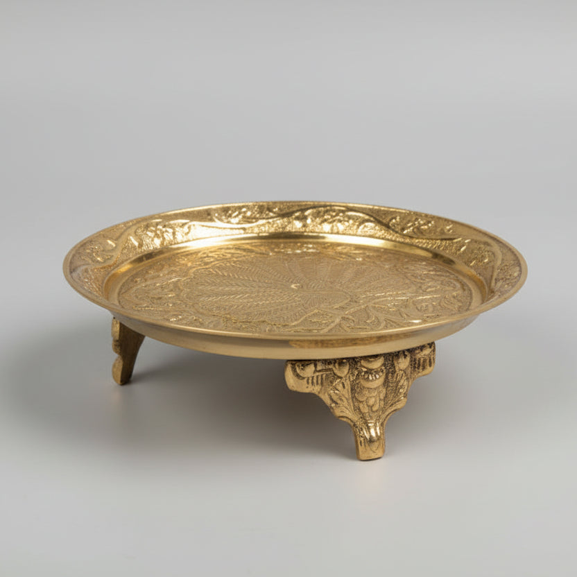Rounded Pedestal Thali In Brass-Small