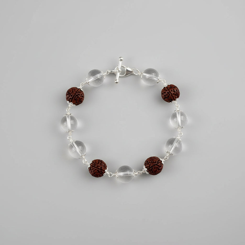 Round Sphatik & Red Sandalwood Bracelet with Silver Caps & Hook-14 mm