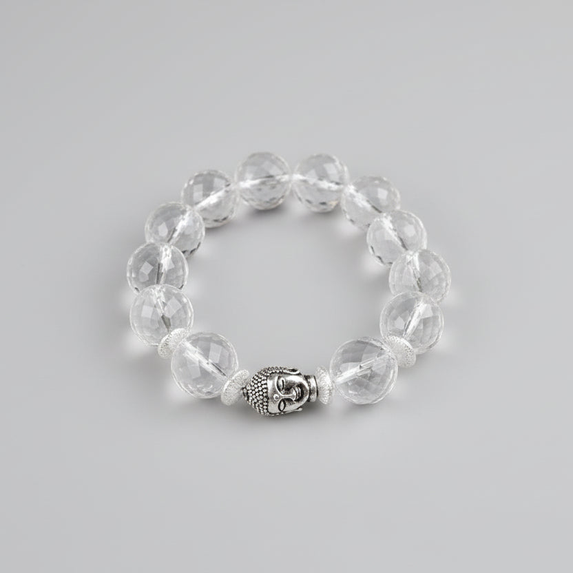 Round Faceted Sphatik Buddha Bracelet in Elastic-14 mm