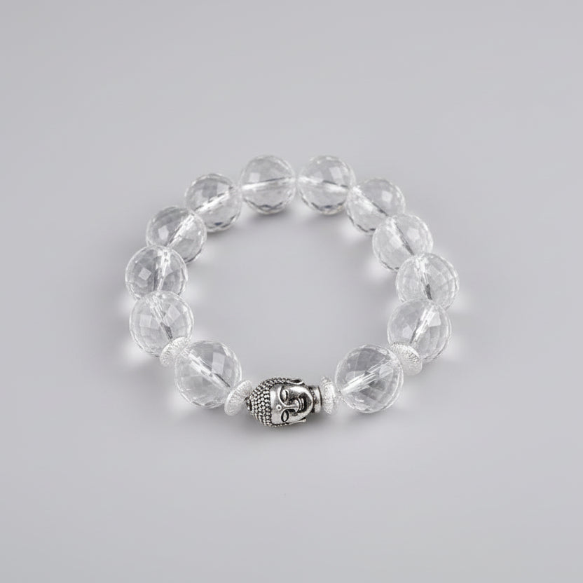 Round Faceted Sphatik Buddha Bracelet in Elastic-12 mm