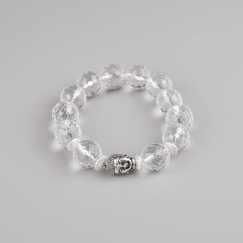 Round Faceted Sphatik Buddha Bracelet in Elastic-7 mm