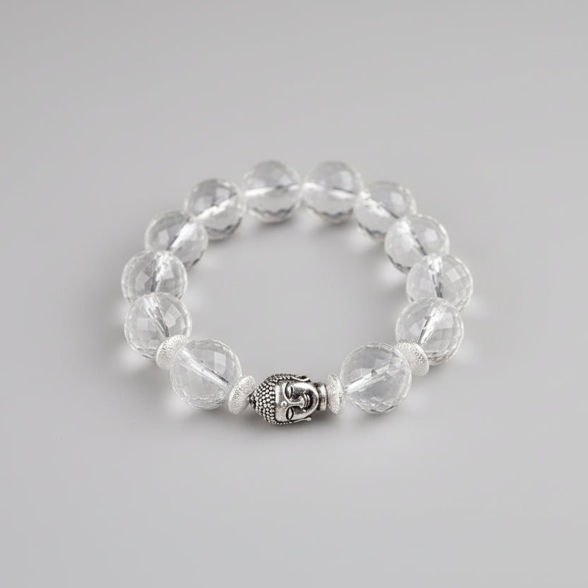 Round Faceted Sphatik Buddha Bracelet in Elastic-6 mm
