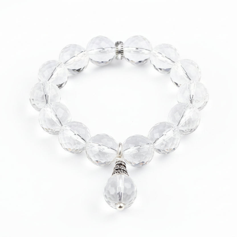 Round Faceted Sphatik Bracelet in Elastic with Trinklet-14 mm