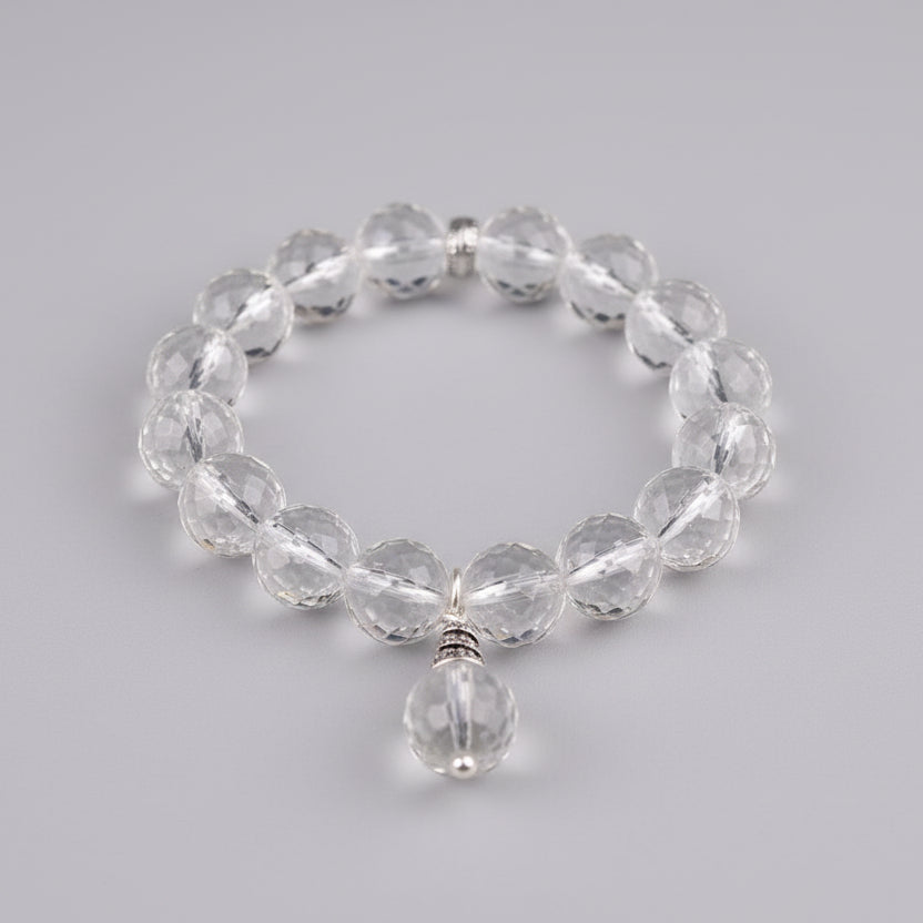 Round Faceted Sphatik Bracelet in Elastic with Trinklet-7 mm