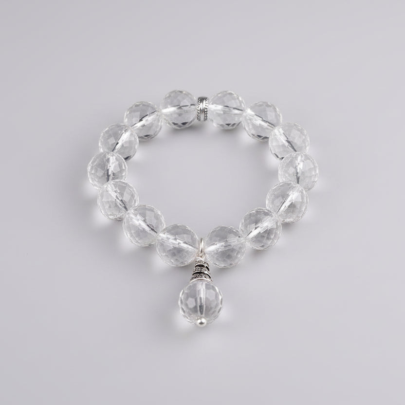 Round Faceted Sphatik Bracelet in Elastic with Trinklet-12 mm