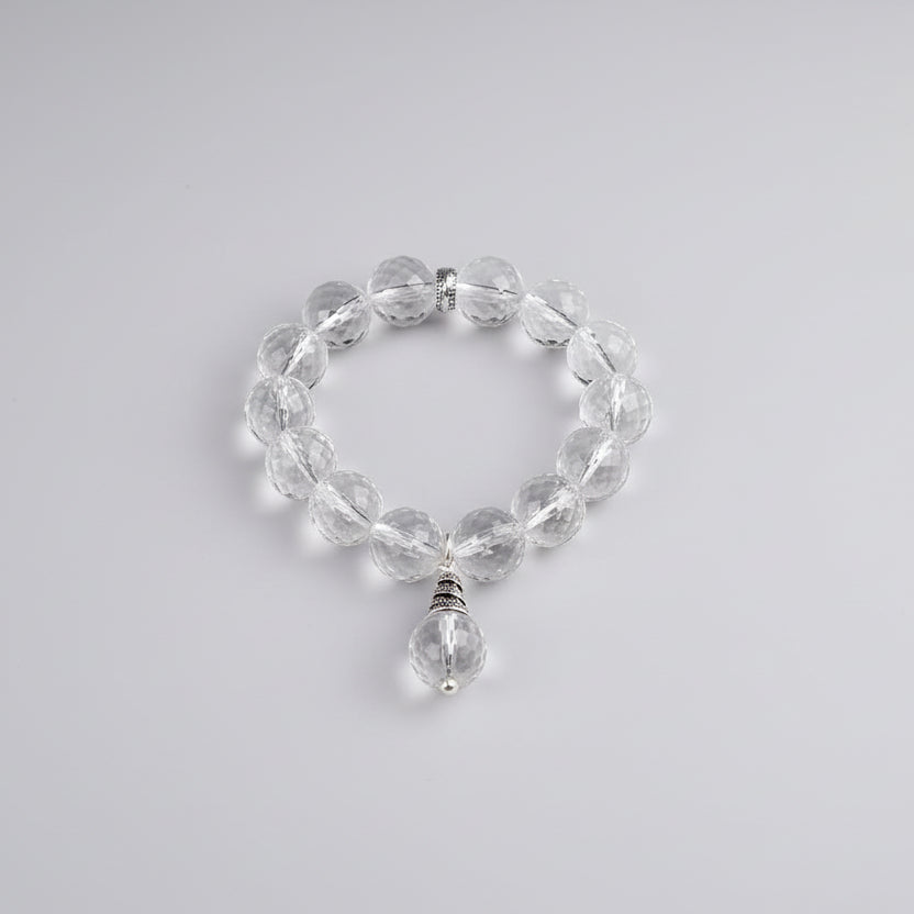 Round Faceted Sphatik Bracelet in Elastic with Trinklet-10 mm