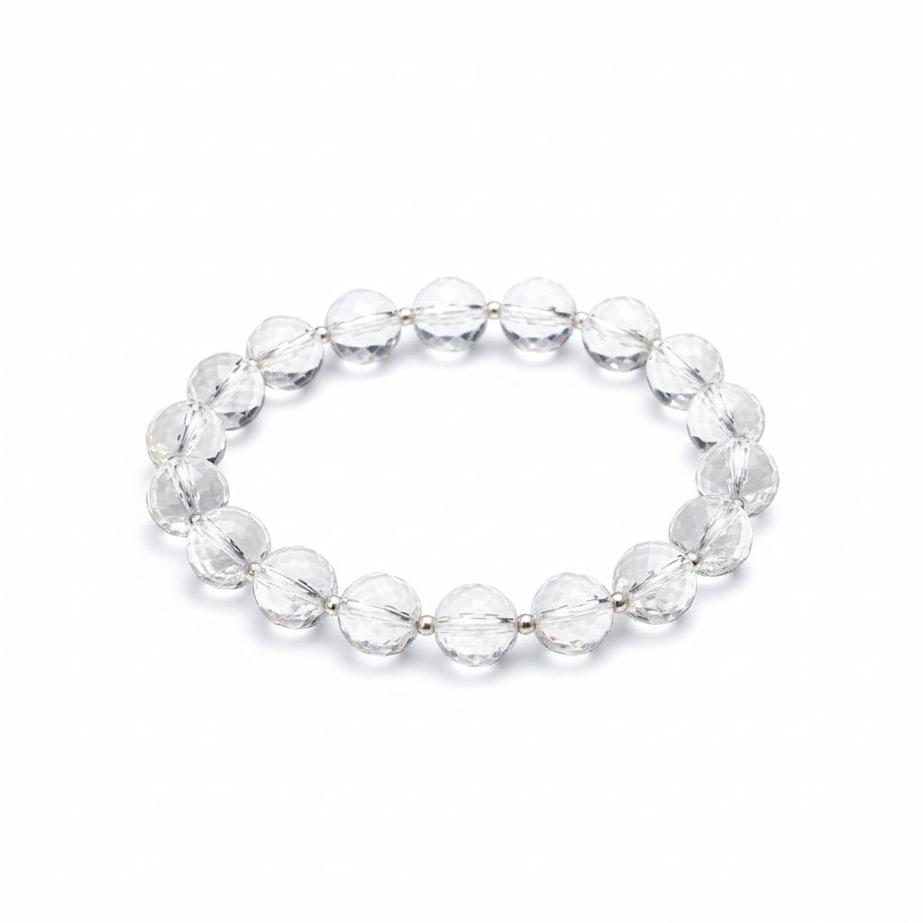 Round Faceted Sphatik Bracelet with Silver Balls & Hook-14 mm