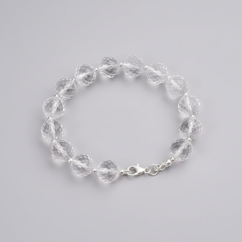 Round Faceted Sphatik Bracelet with Silver Balls & Hook-12 mm