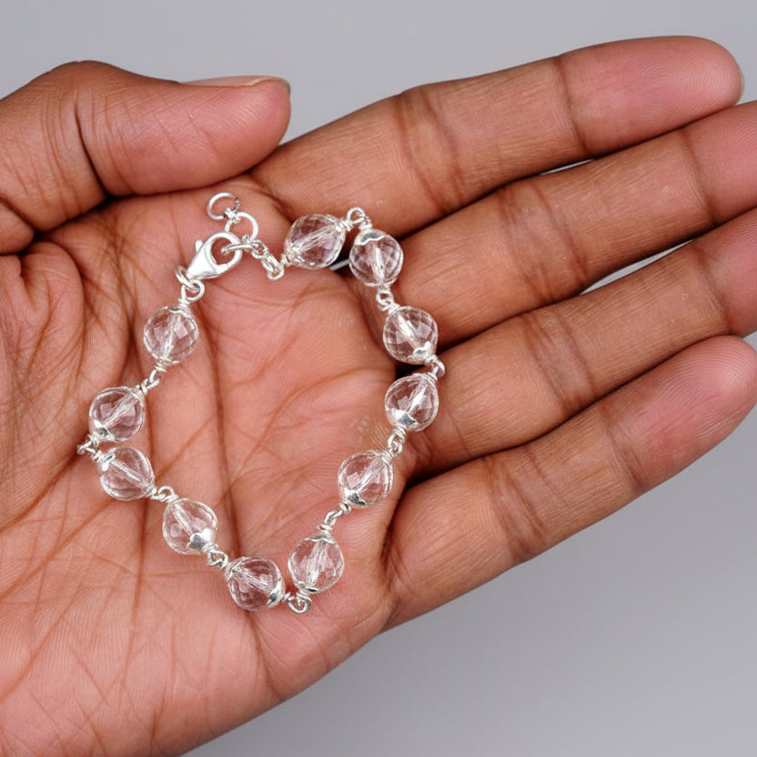 Round Faceted Sphatik Bracelet with Silver Caps & Hook-4 mm