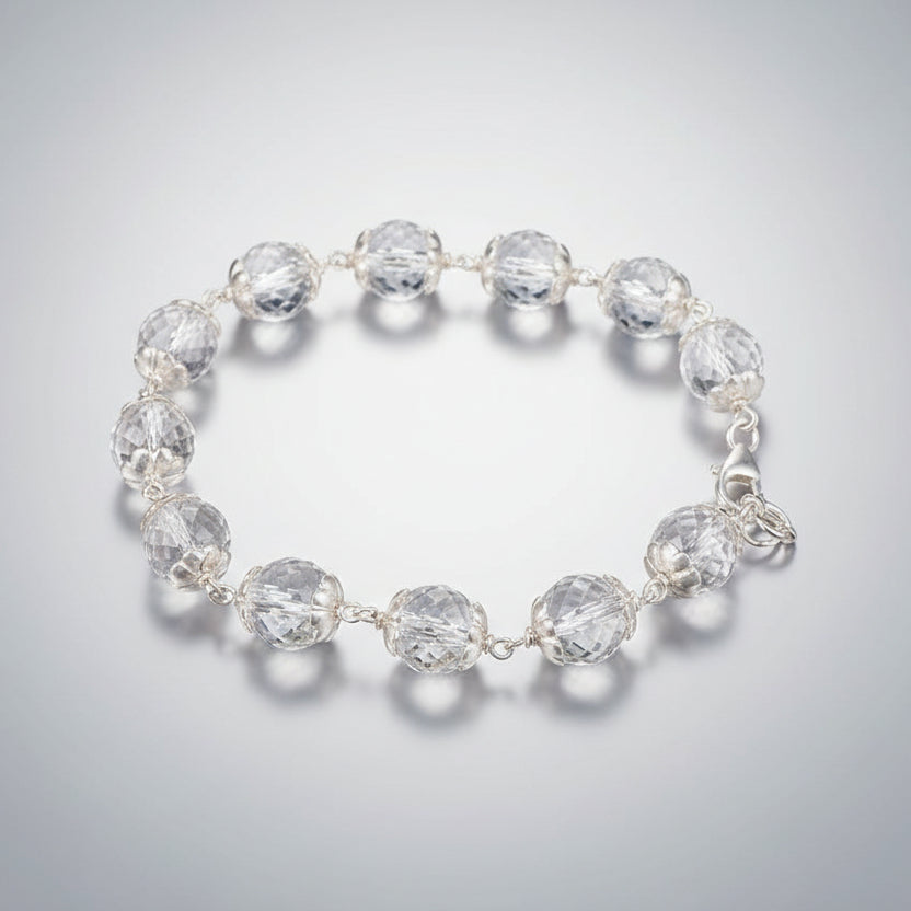 Round Faceted Sphatik Bracelet with Silver Caps & Hook-4 mm