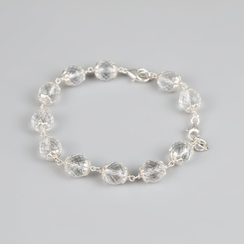 Round Faceted Sphatik Bracelet with Silver Caps & Hook-7 mm