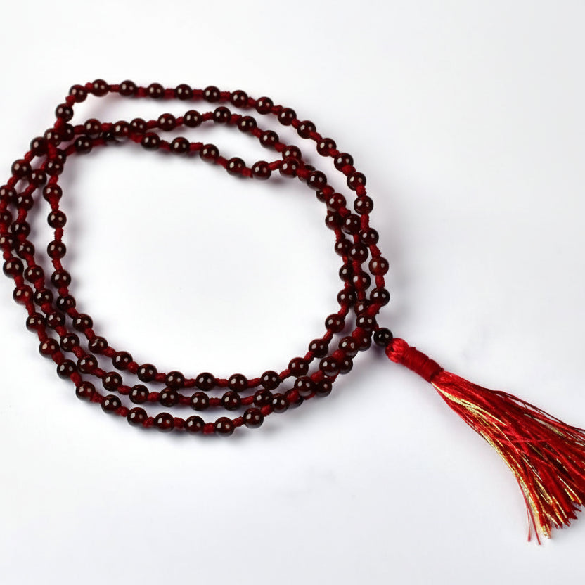 Hessonite Garnet Round Beads Mala With Knots-7 mm
