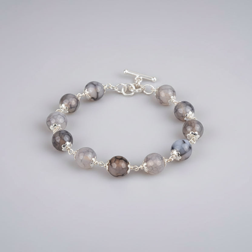 Smoky Quartz Faceted Silver Flower Caps Bracelet-10 mm