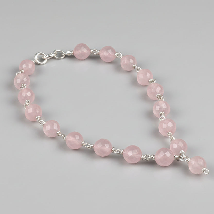 Rose Quartz Faceted Beads 925 Silver Wire Mala-6 mm