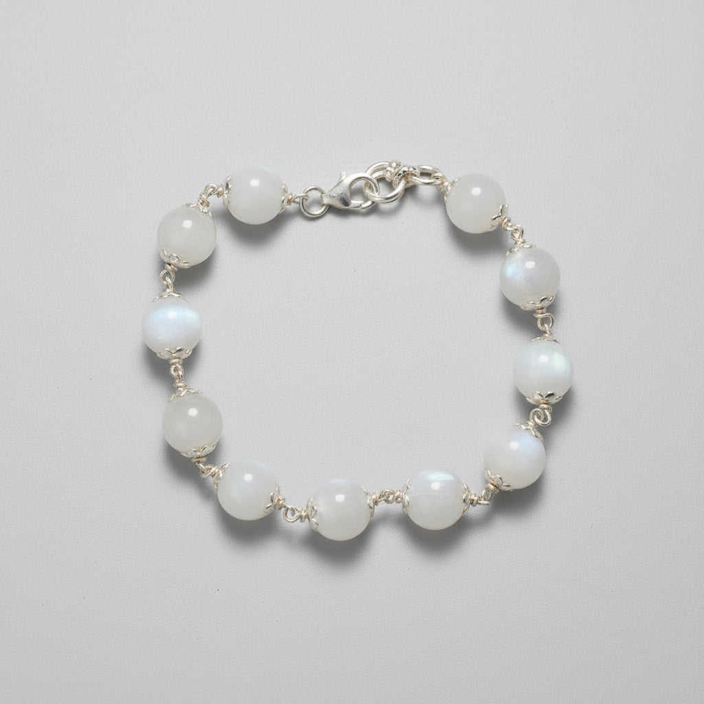 Moonstone Silver Flower Caps Bracelet-8 mm