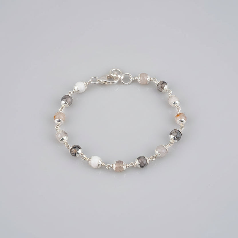 Smoky Quartz Faceted Silver Flower Caps Bracelet-6 mm