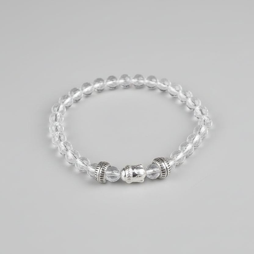 Round Faceted Sphatik Buddha Bracelet in Elastic-14 mm