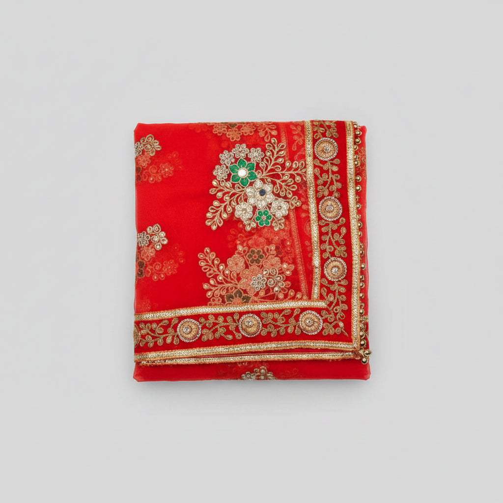 Golden Flower Border Mata ki Chunri with Latkan-Red