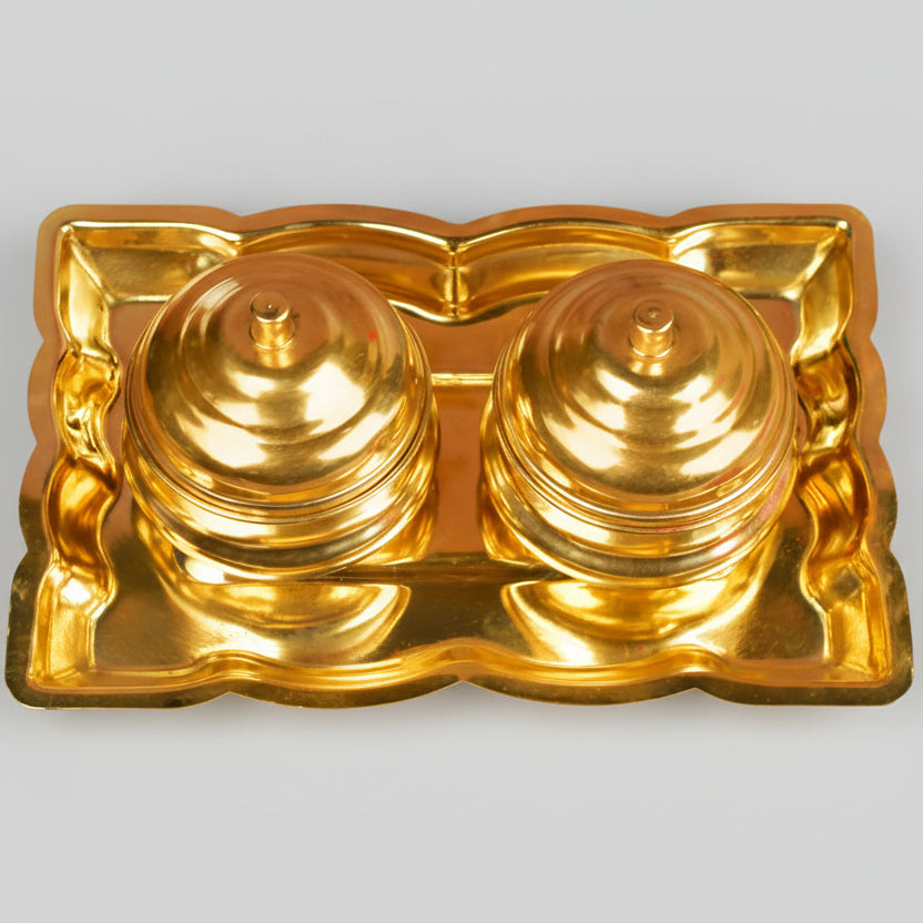 Brass Rectangle Plate with Haldi Kumkum Containers (Dibbi) Set