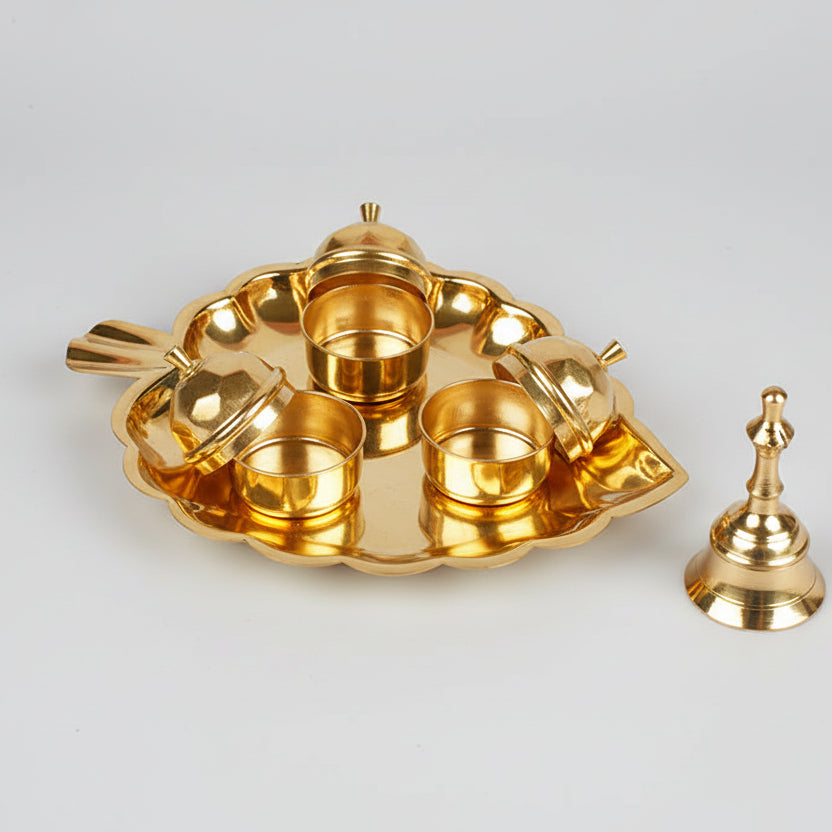 Brass Peepal Leaf Plate with Haldi Kumkum Akshat Rice Containers (Dibbi)