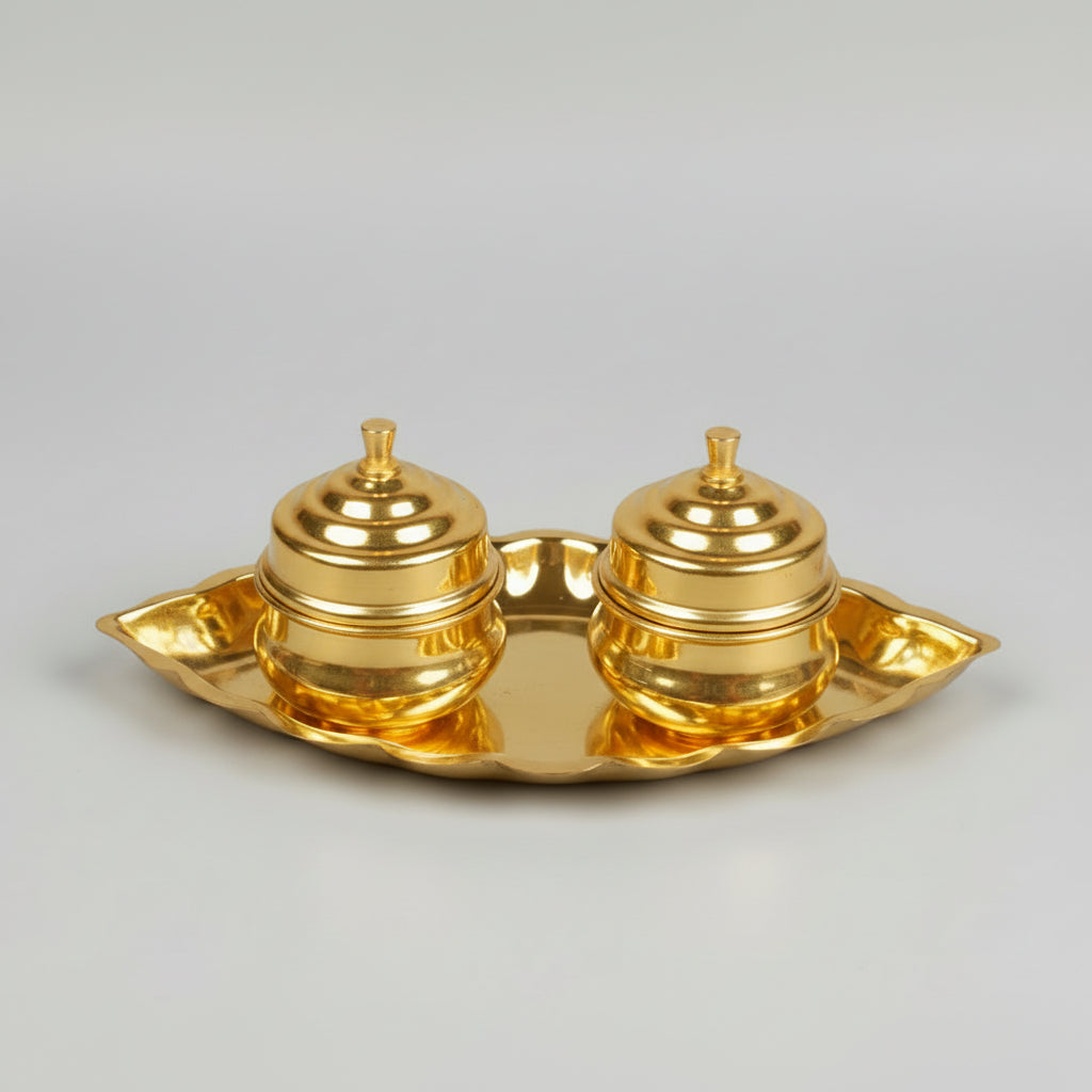 Brass Boat Kuyri with Haldi Kumkum Containers (Dibbi) Set-Small