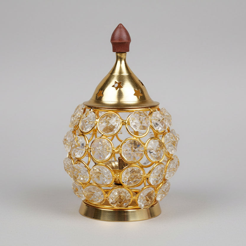 Akhand Crystal Decorated Brass Diya Holder