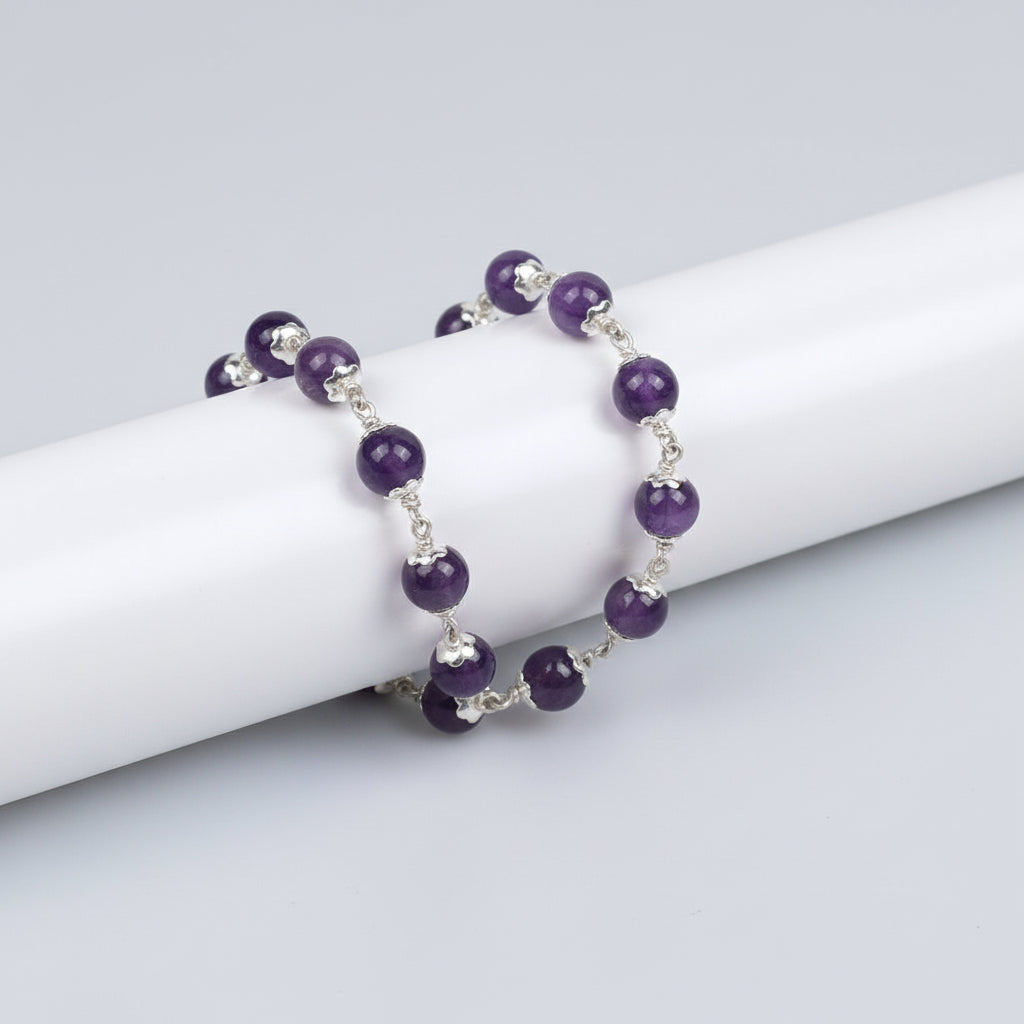 Amethyst Silver Flower Caps Mala-German Silver-8 mm