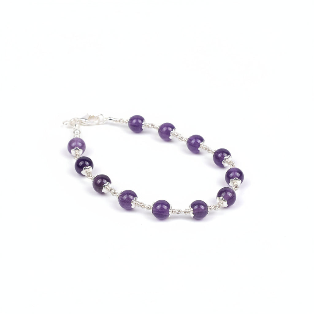 Amethyst Silver Flower Caps Mala-German Silver-6 mm