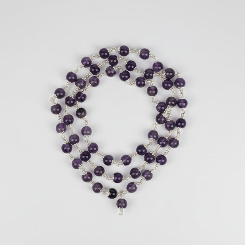 Amethyst Silver Flower Caps Mala-German Silver-8 mm