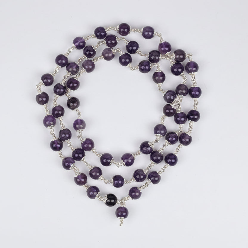 Amethyst Silver Flower Caps Mala-German Silver-6 mm