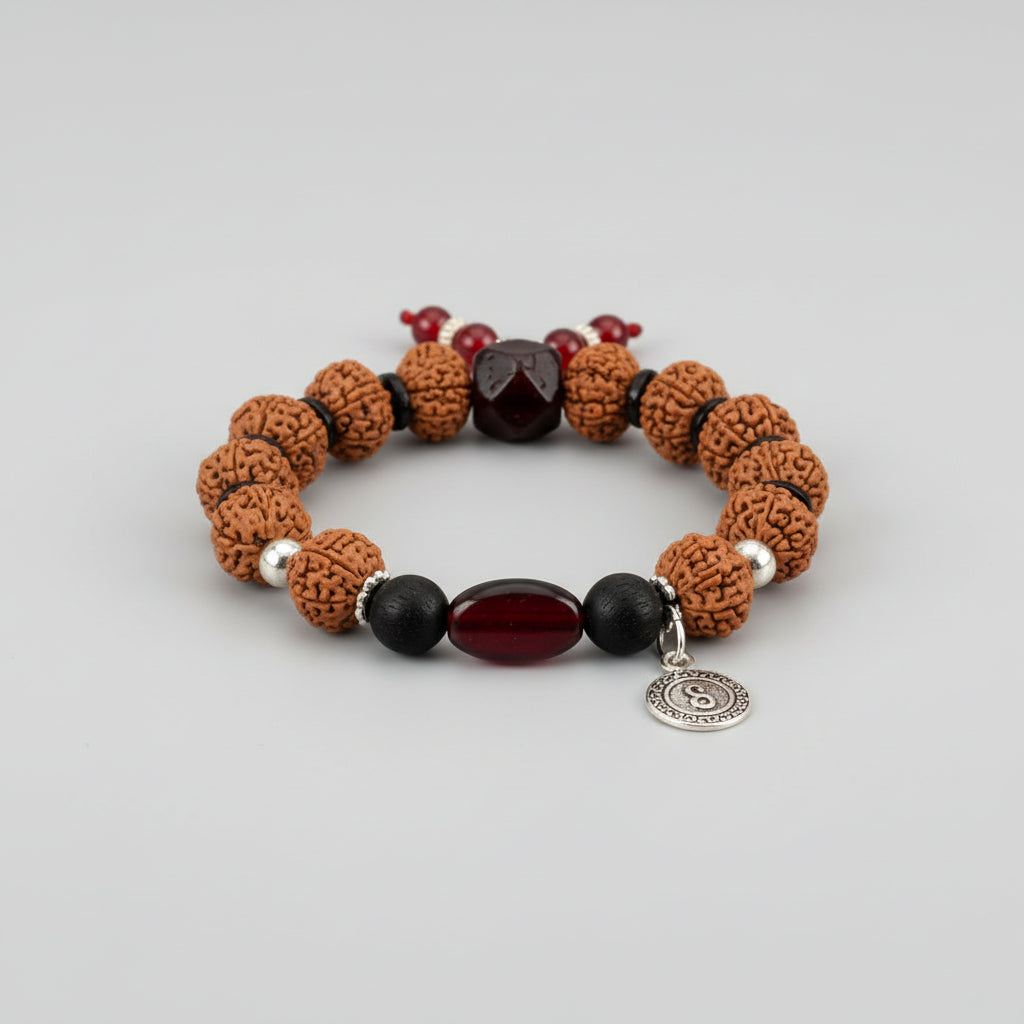 9 Mukhi Rudraksha with Gomed and Black Ebony Bracelet