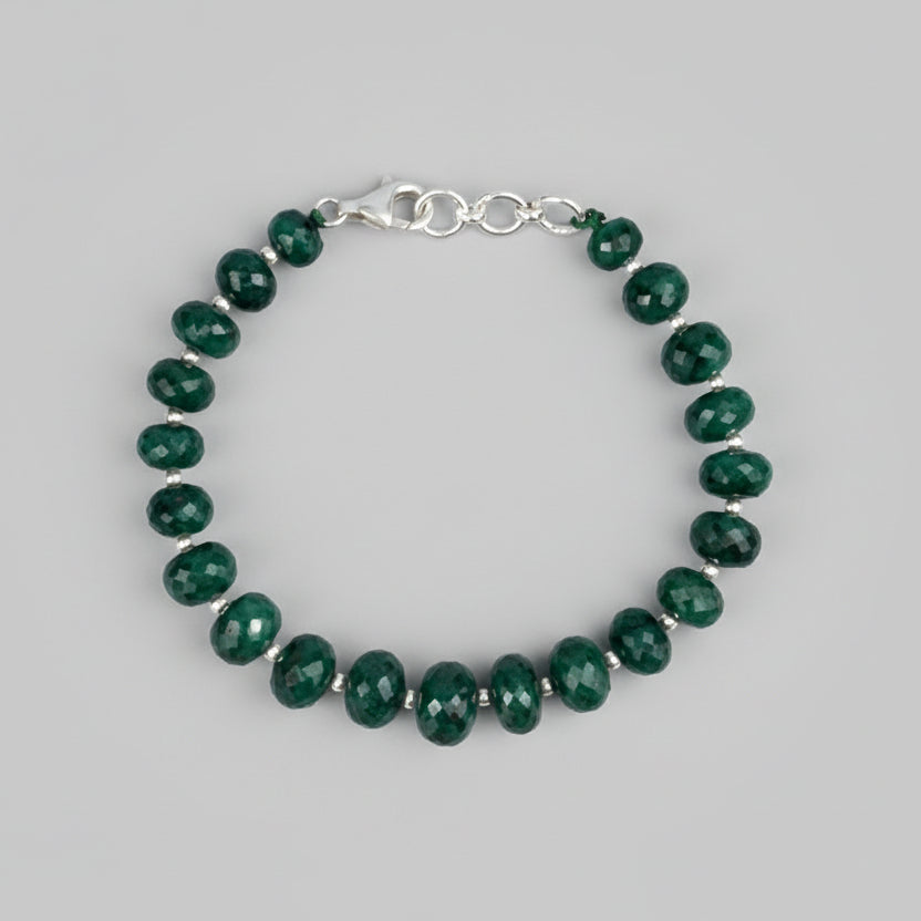 Emerald Button Shape Faceted 925 Silver Ball Bracelet-65.35 carats