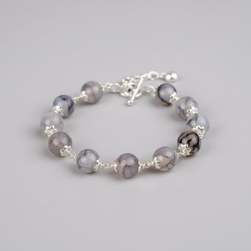 Smoky Quartz Faceted Silver Flower Caps Bracelet-6 mm