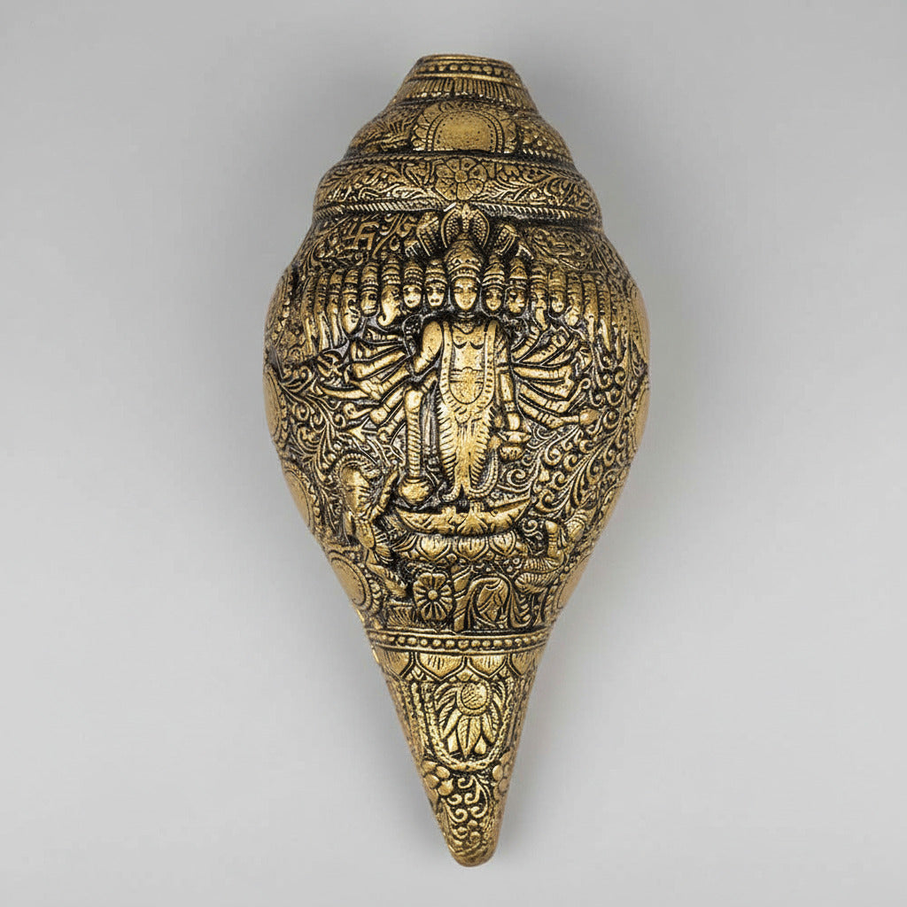 Blowing Brass Shankh With Viraat Vishwarup Vishnu Engraving