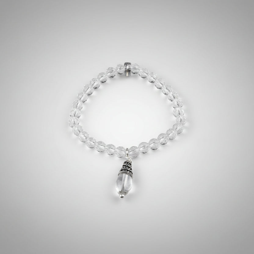 Round Faceted Sphatik Bracelet in Elastic with Trinklet-7 mm