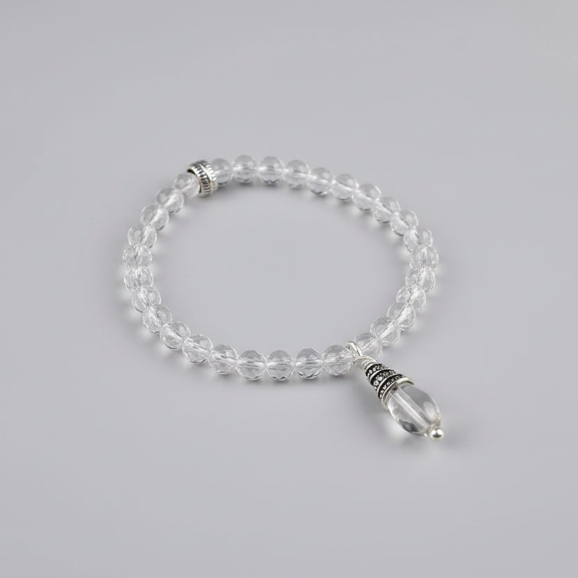 Round Faceted Sphatik Bracelet in Elastic with Trinklet-14 mm