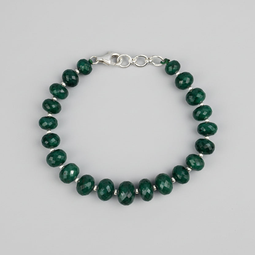 Emerald Button Shape Faceted 925 Silver Ball Bracelet-73.7 carats