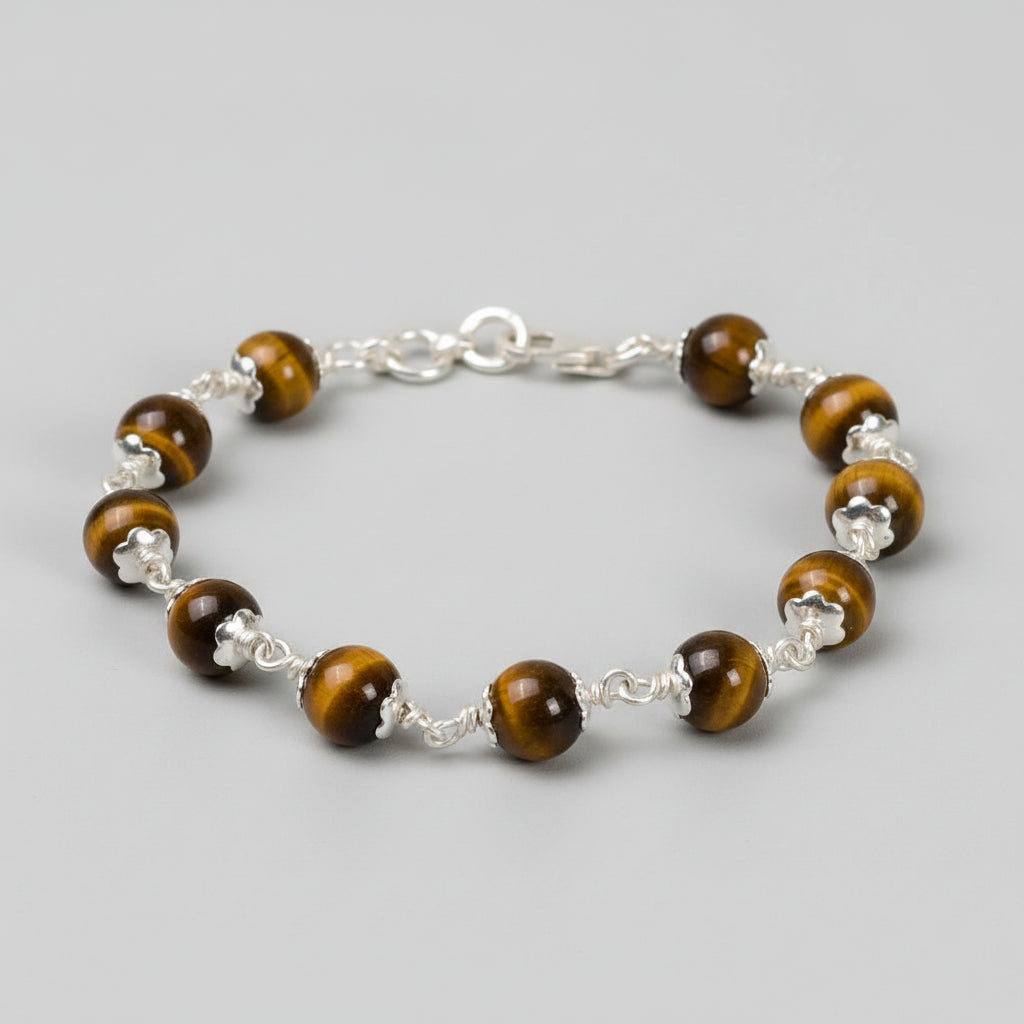 Tiger Eye 925 Silver Flower Caps Bracelet-8 mm