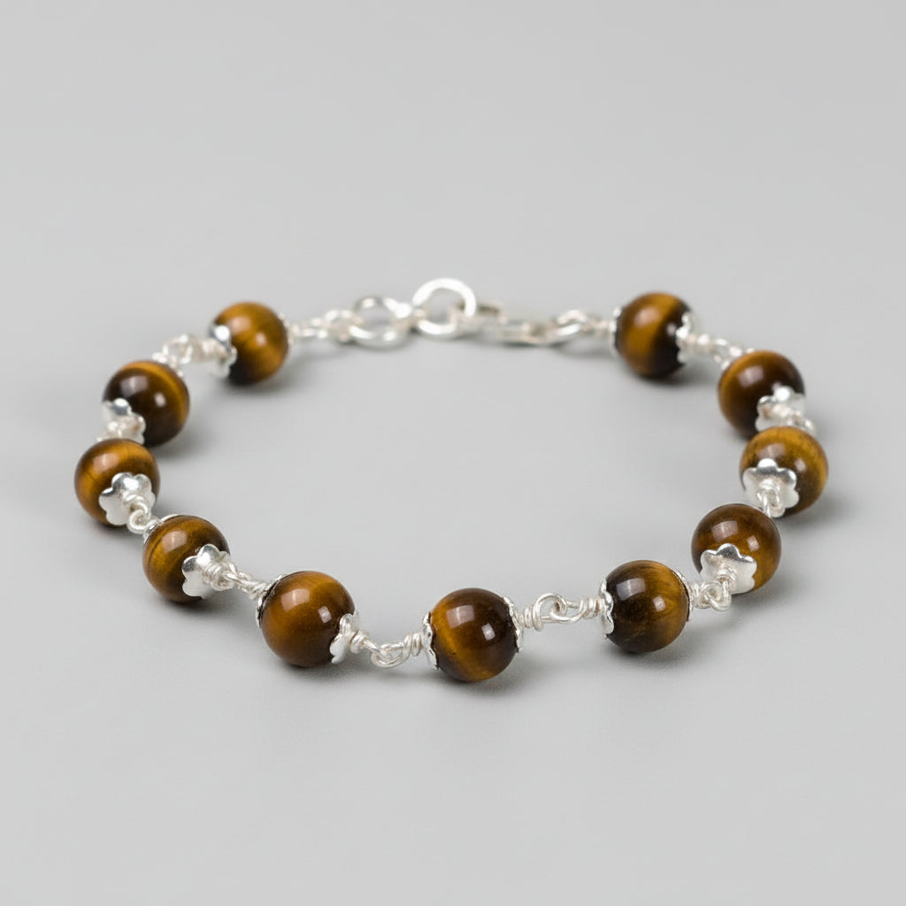 Tiger Eye 925 Silver Flower Caps Bracelet-6 mm