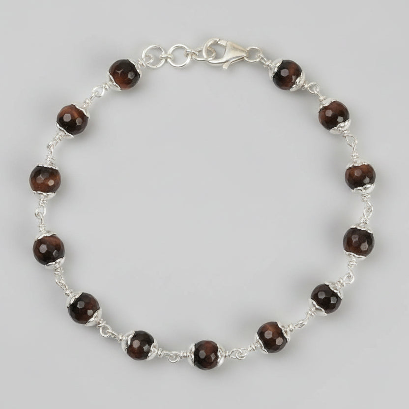 Red Tiger Eye Faceted Beads 925 Silver Flower Caps Bracelet-8 mm