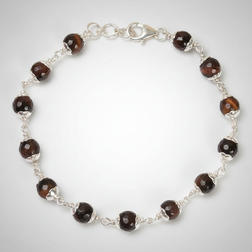 Red Tiger Eye Faceted Beads 925 Silver Flower Caps Bracelet-6 mm