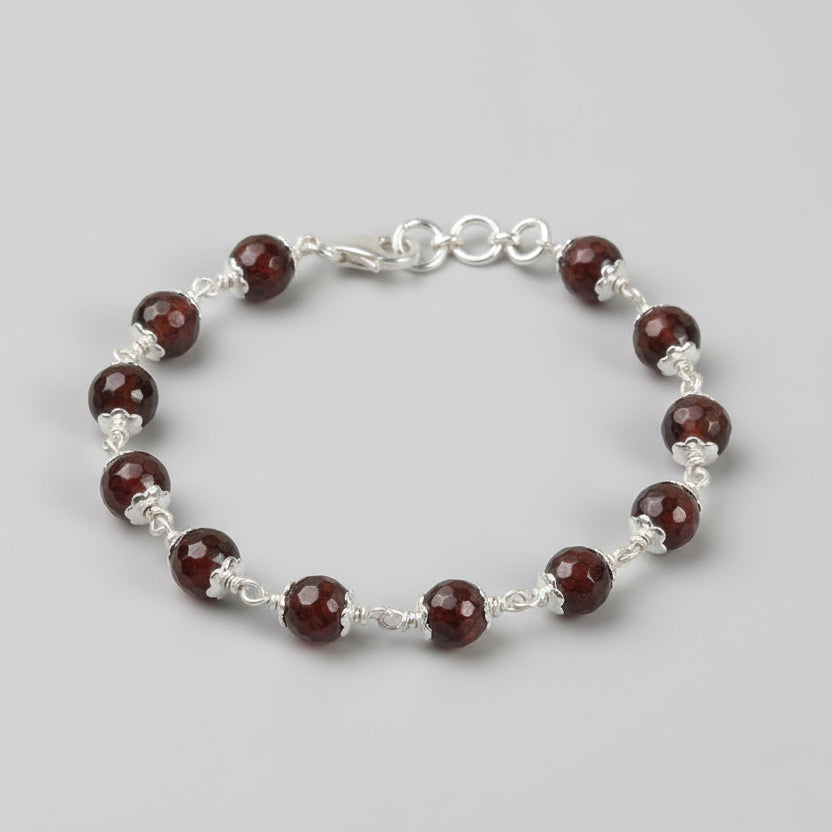 Red Tiger Eye Faceted Beads 925 Silver Flower Caps Bracelet-8 mm