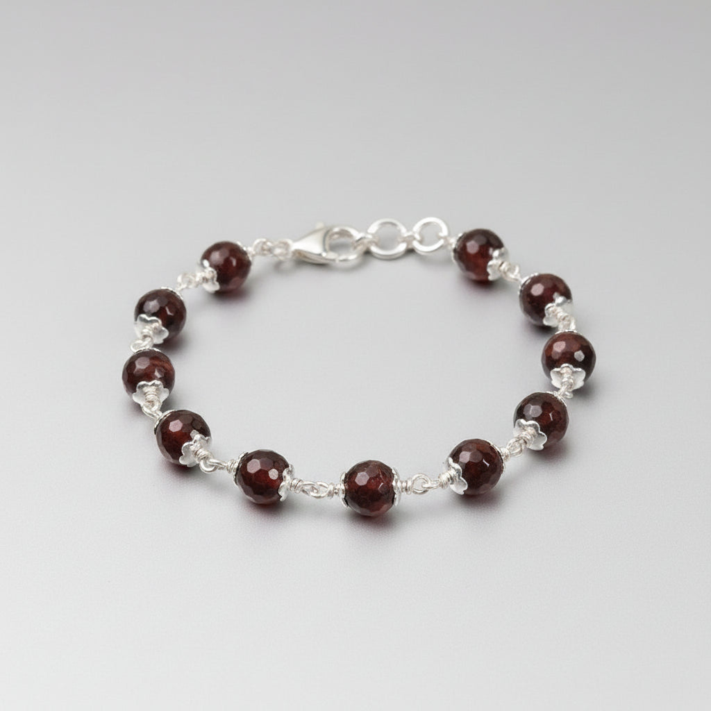 Red Tiger Eye Faceted Beads 925 Silver Flower Caps Bracelet-6 mm