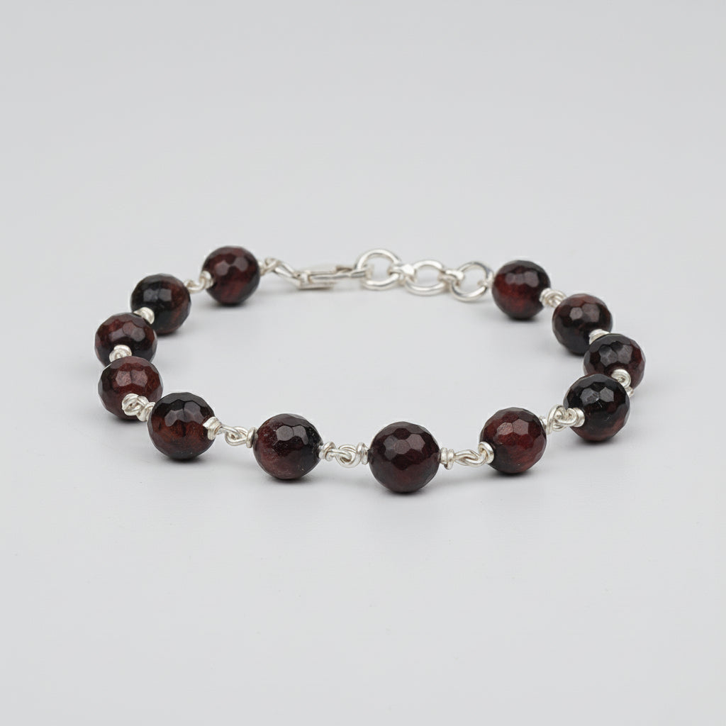Red Tiger Eye Faceted 925 Silver Wire Bracelet-6 mm