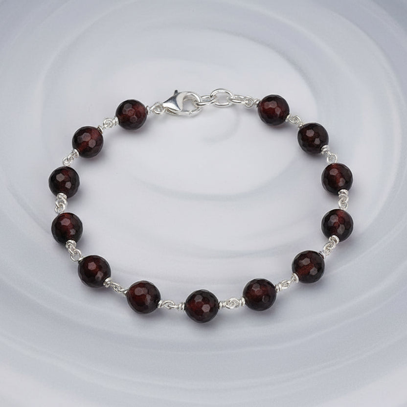 Red Tiger Eye Faceted 925 Silver Wire Bracelet-6 mm